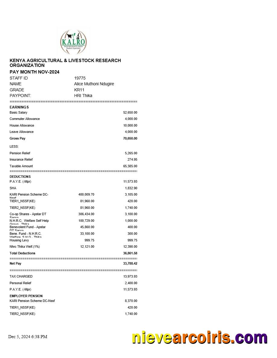 Kenya Agricultural and Livestock Research Organization payslip